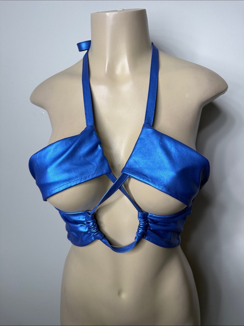 PrettyLittleThing Metallic Blue Cut-Out Crop Halter Top